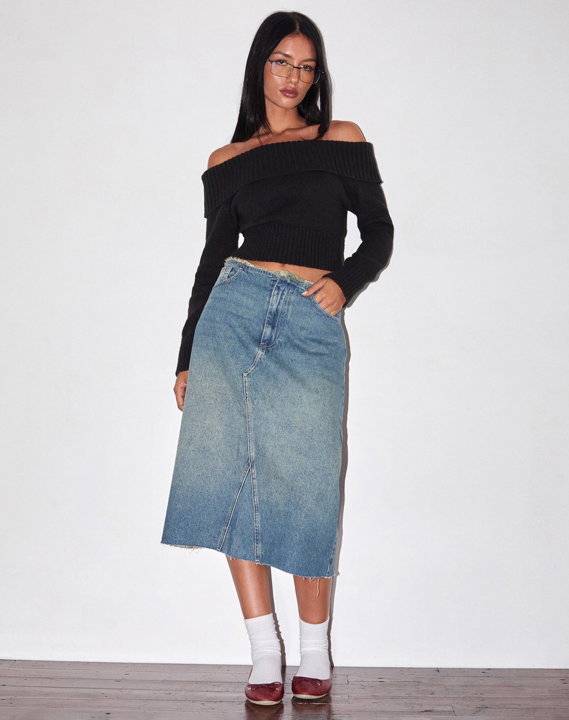 Image of Low Rise Denim Midi Skirt in Vintage Blue Green