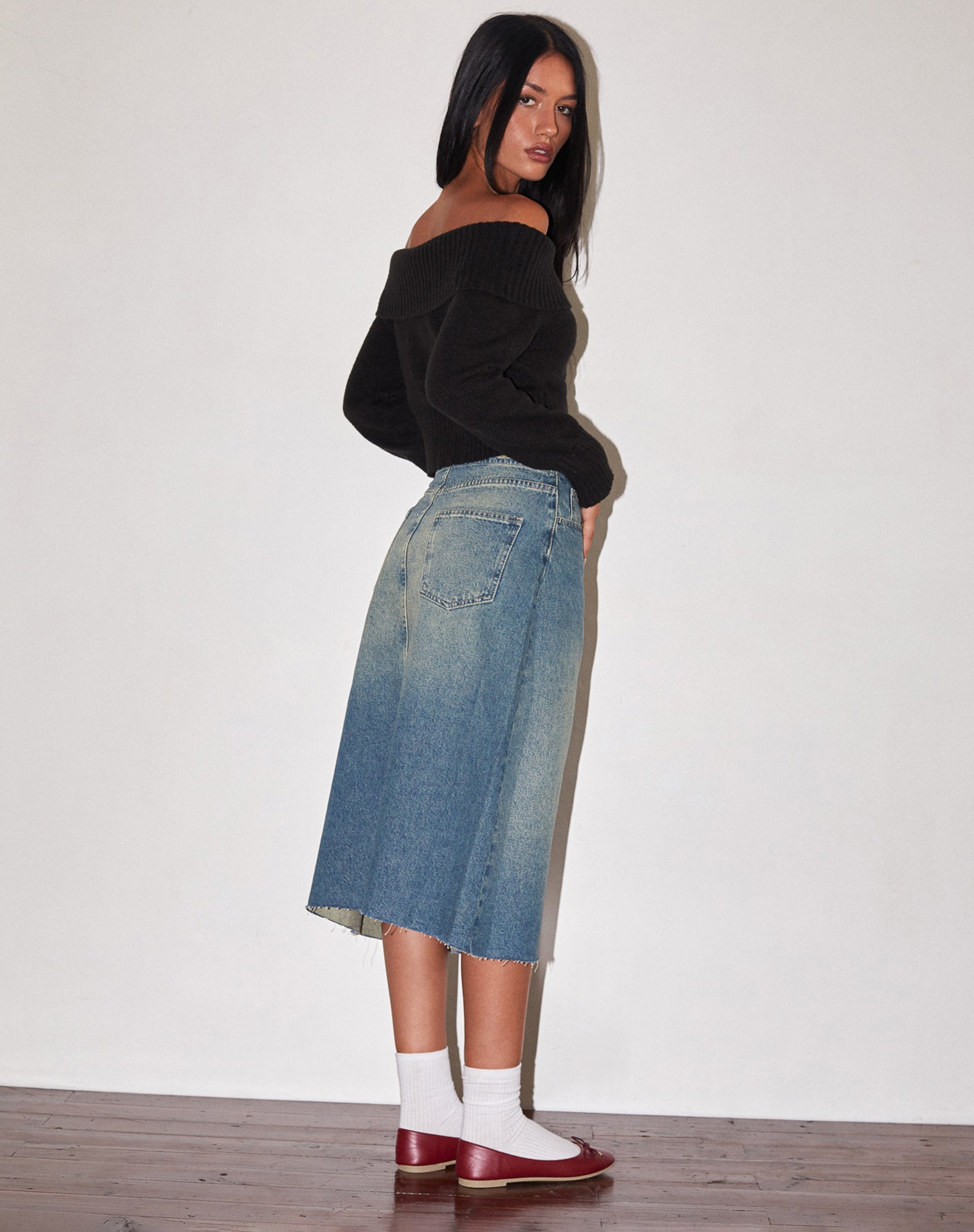 Image of Low Rise Denim Midi Skirt in Vintage Blue Green