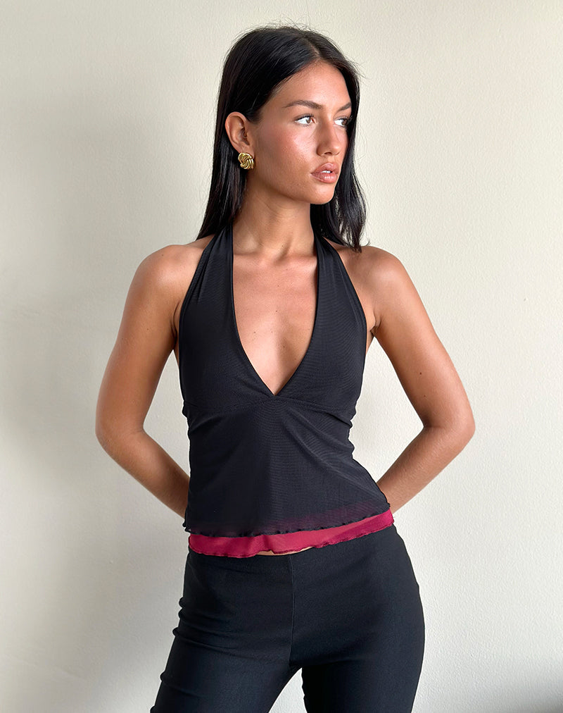 Kubra Halterneck Top in Mesh Black and Red (Top dos nu en maille noir et rouge)
