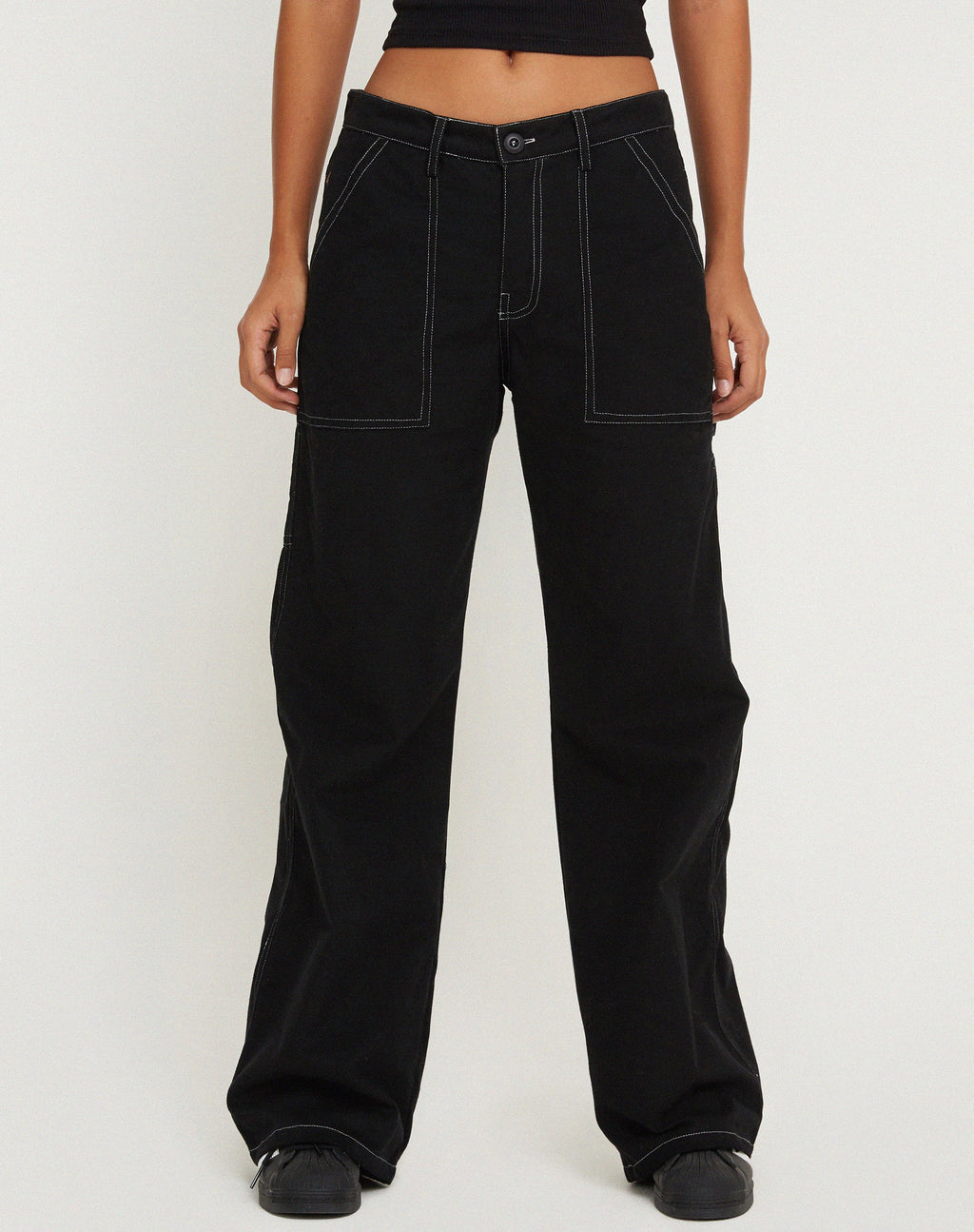 Kusnaedi - Pantalon à jambes larges, noir et blanc, avec surpiqûres