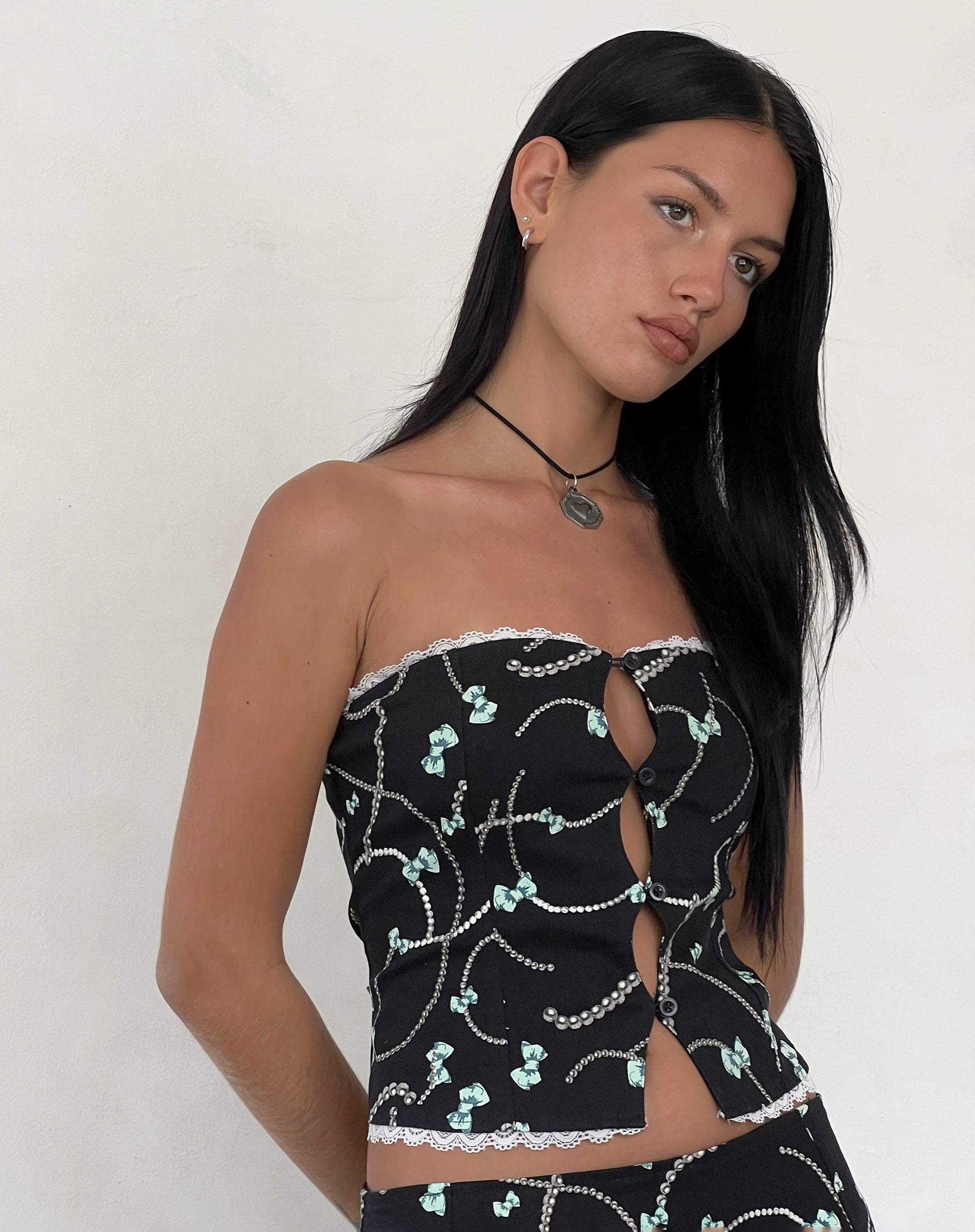 Image de Lacur Corset bandeau noir avec impression de perles et de nœuds
