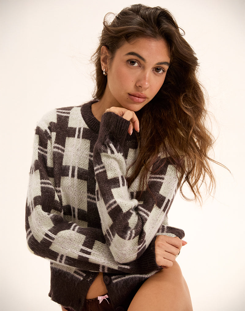 Cardigan en maille Anzio à carreaux marron