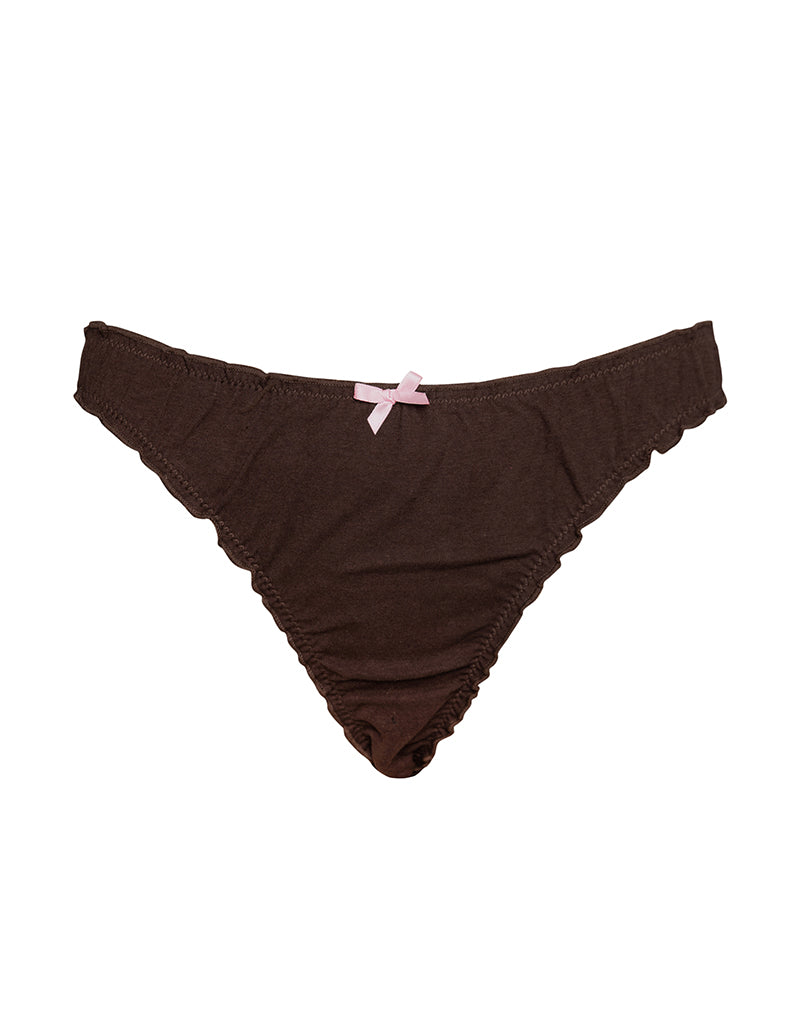 Image de la tong Adrienne en jersey chocolat avec nœud rose