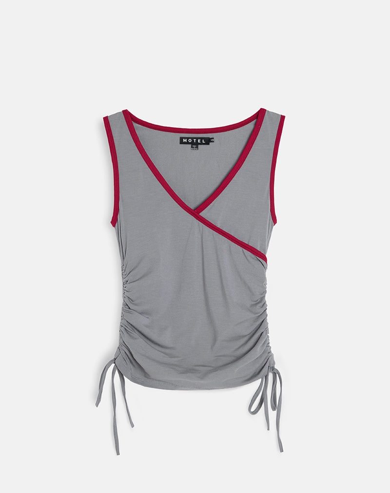 Laird Wrap Top in Grey with Adrenaline Red Binding (Top enveloppant Laird en gris avec fixation rouge adrénaline)