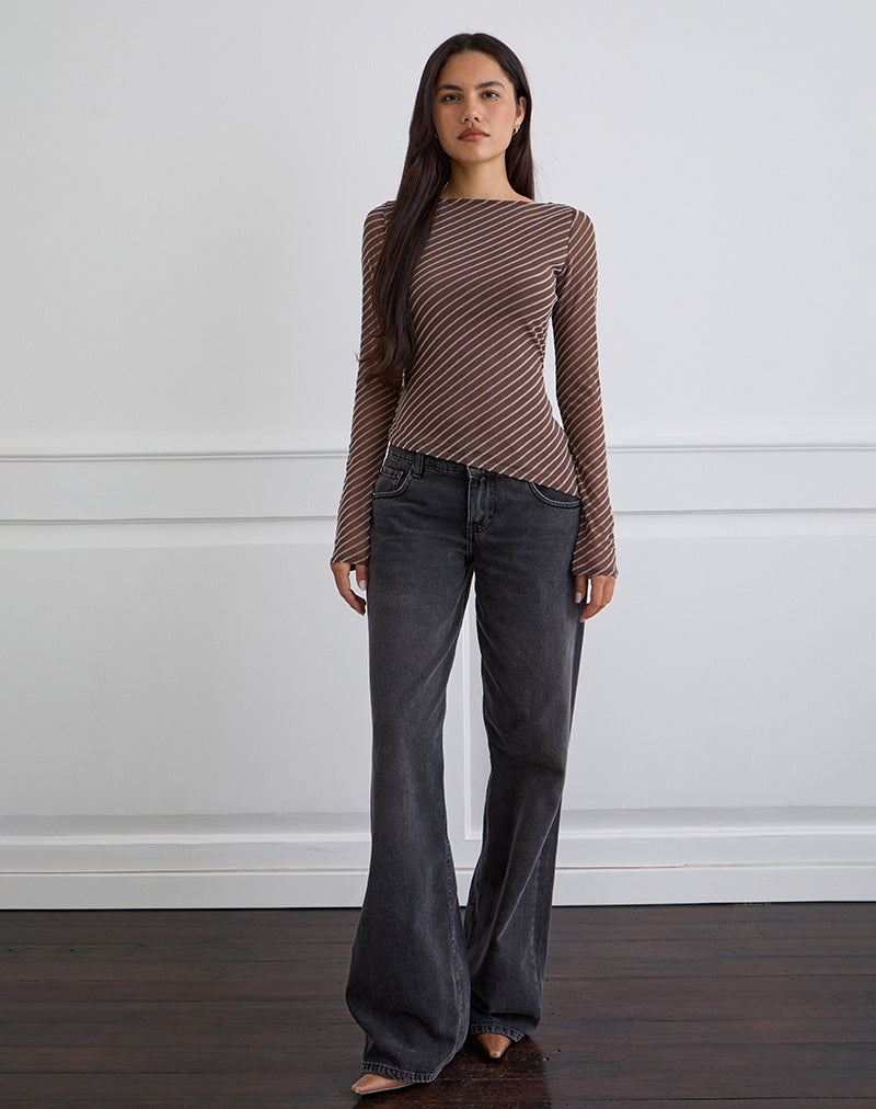 Image de Lakya Long Sleeve Top in Diagonal Stripe Flocked Brown and Cream