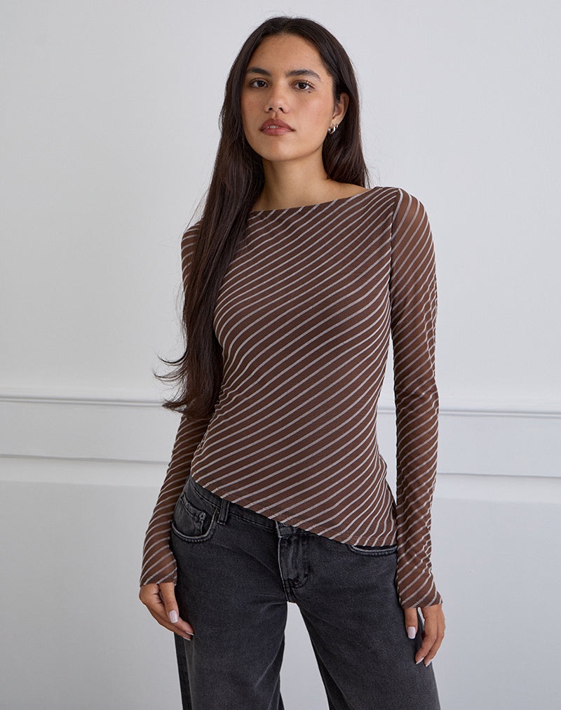 Image de Lakya Long Sleeve Top in Diagonal Stripe Flocked Brown and Cream