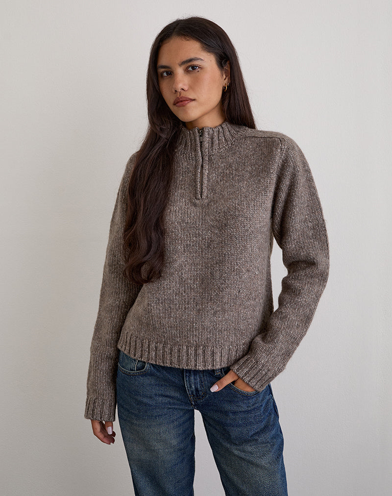 Image de Lamara Quater Zip Jumper in Dark Brown Marl
