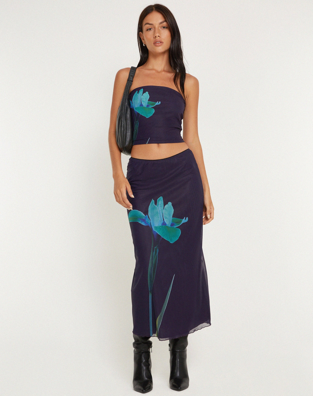 Jupe midi Lassie, bleu marine, avec placement de fleurs