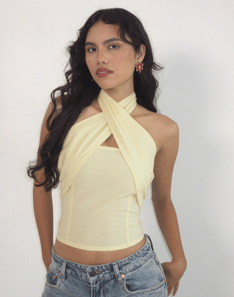 Image de Lasy Linen Wrap Halterneck Top in Lemon
