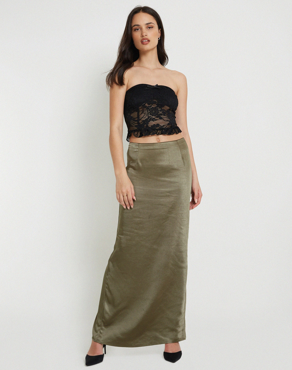 Jupe longue Layla en satin Olive foncé