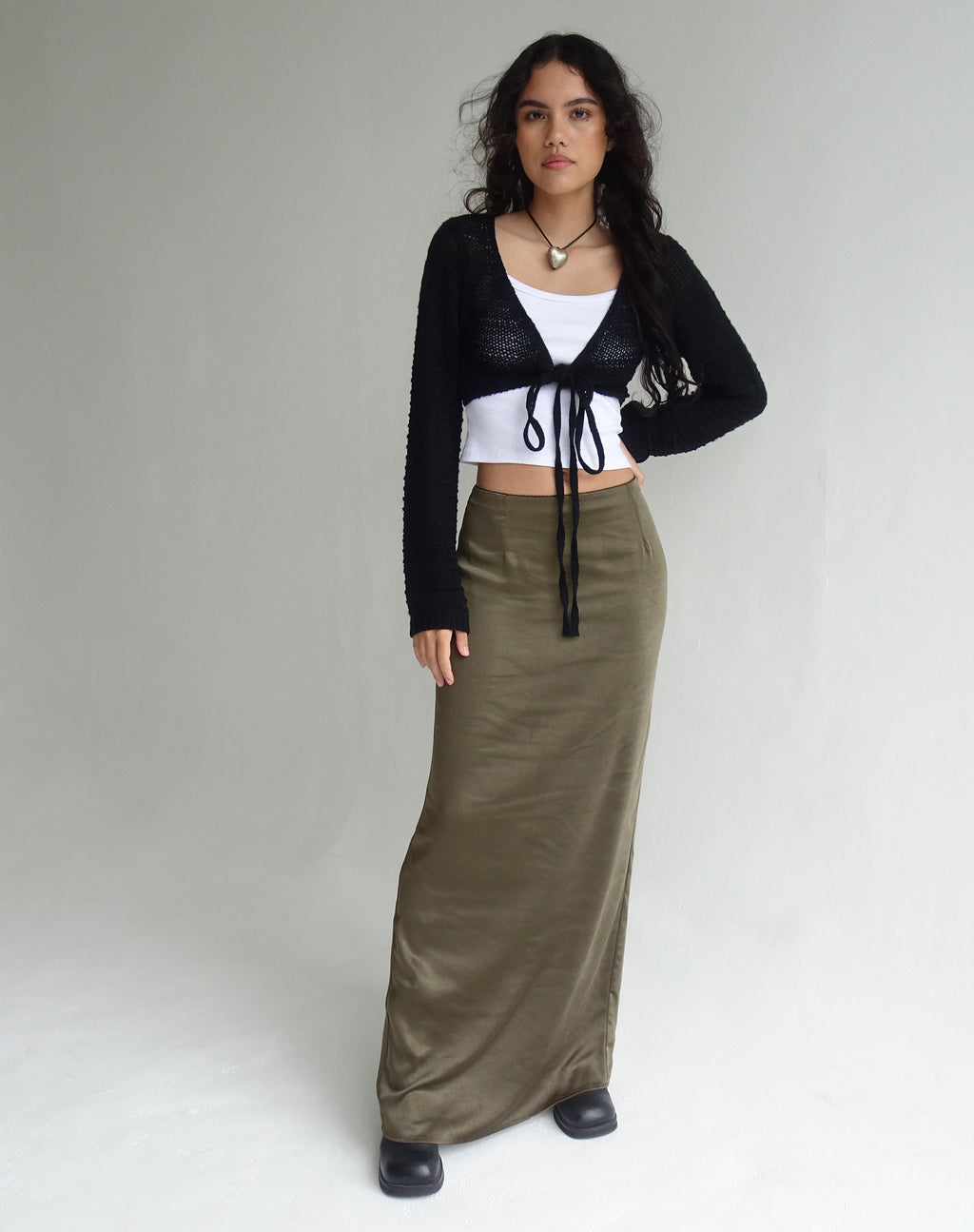 Jupe longue Layla en satin Olive foncé
