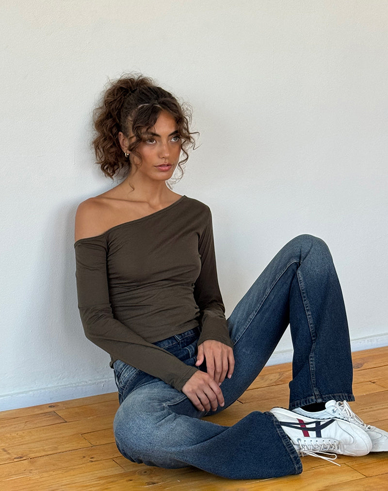 Image of Ledez Asymmetrical Slouchy Top in Olive Tissue Jersey