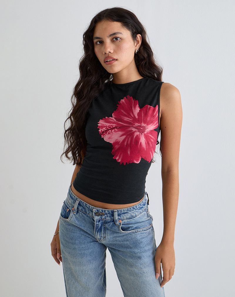 Top Leen en noir Hibiscus Flower Pink