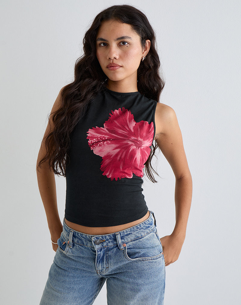 Image de Leen Top in Black Hibiscus Flower Pink