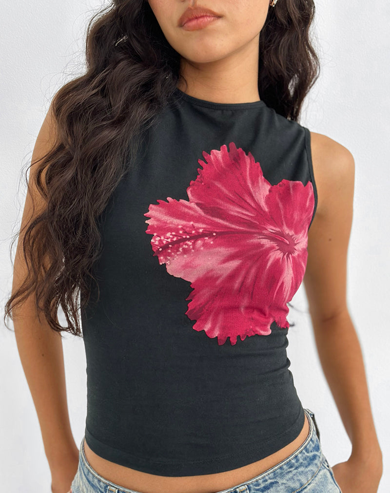 Top Leen en noir Hibiscus Flower Pink