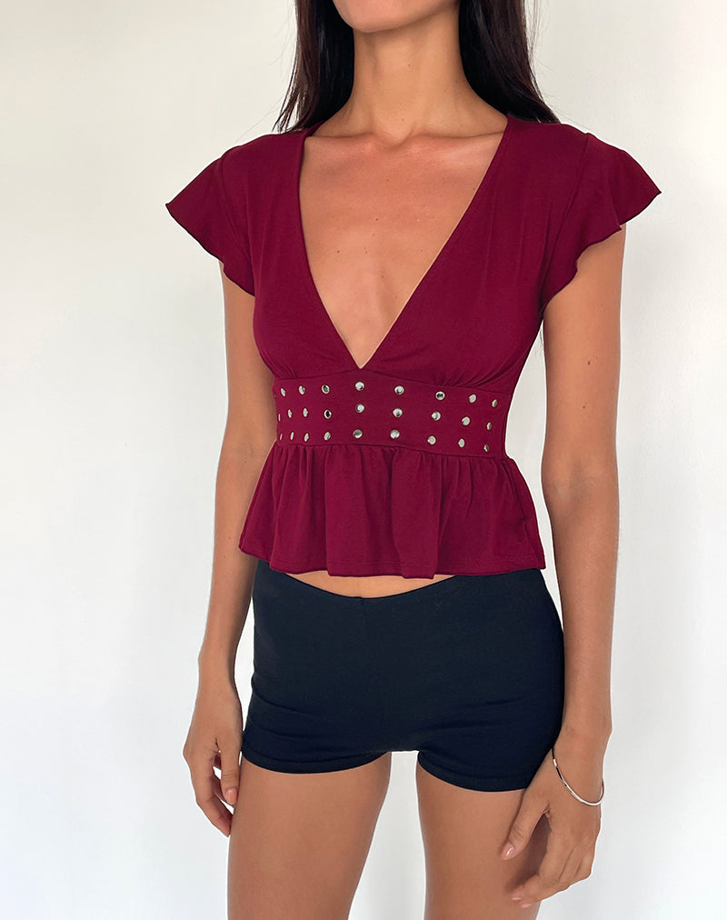Leisma Frill Top in Jersey Burgundy with Studs (Top à volants Leisma en jersey bourgogne avec clous)