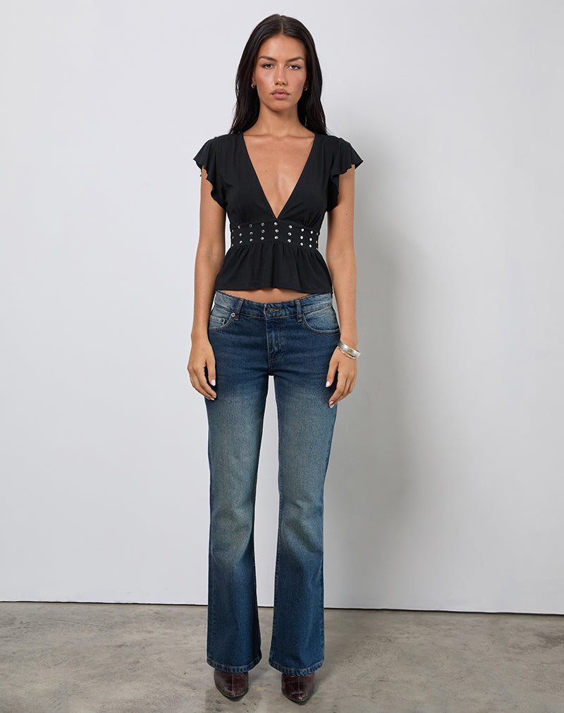 Leisma Frill Top in Jersey Black with Studs (Top à volants en jersey noir avec clous)