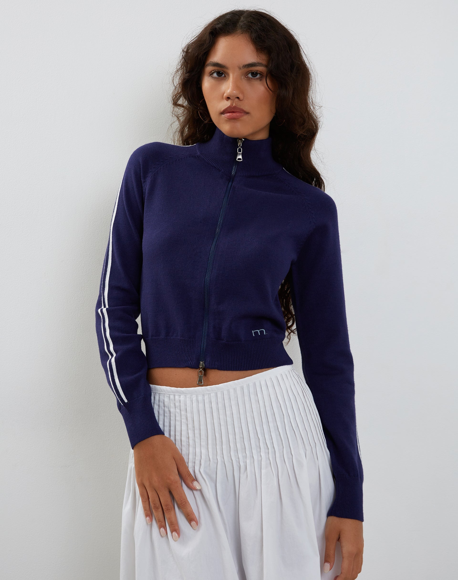 Image of Lennon Knitted Jacket in Navy with White Stripe (Veste en tricot à rayures blanches)