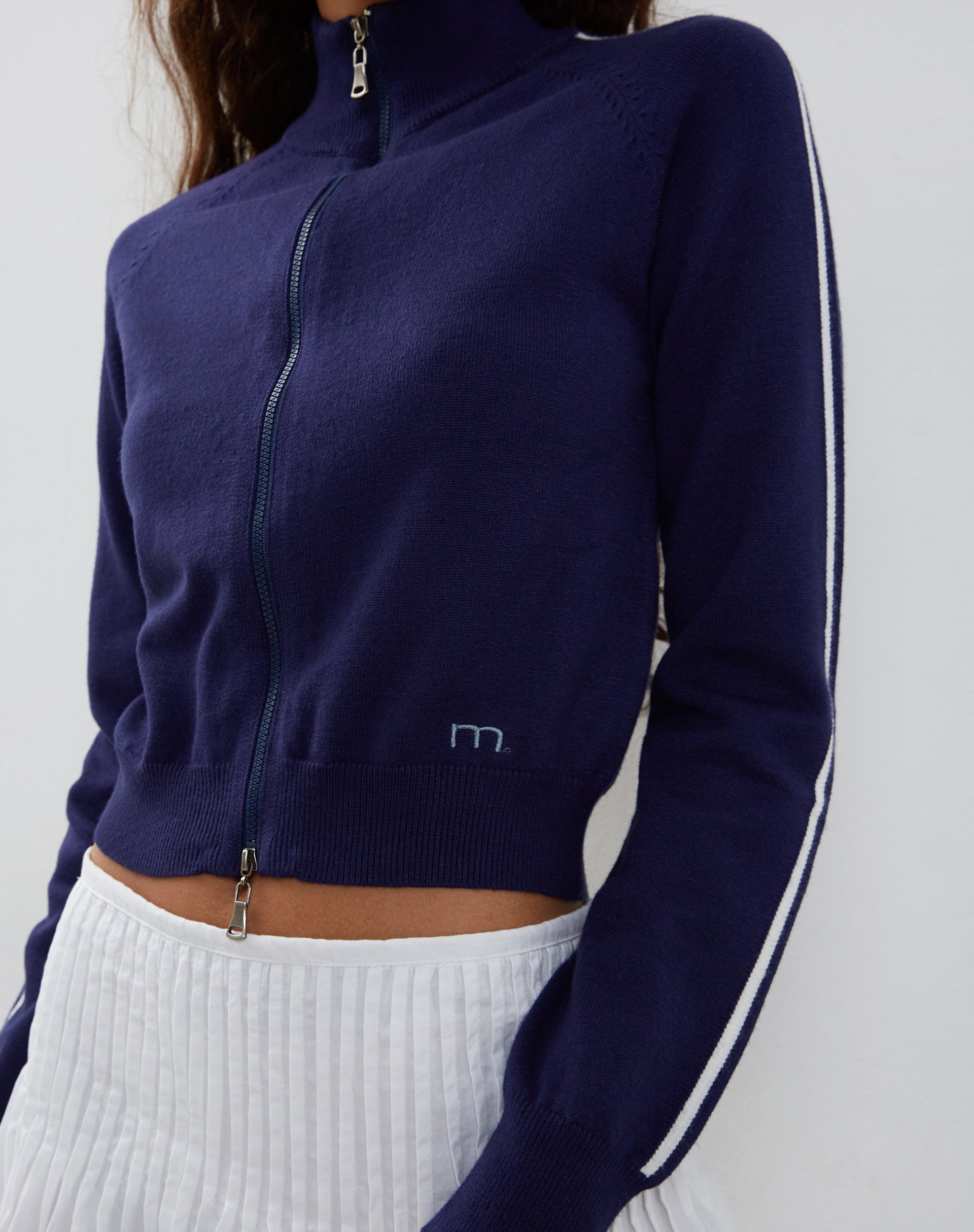 Image of Lennon Knitted Jacket in Navy with White Stripe (Veste en tricot à rayures blanches)