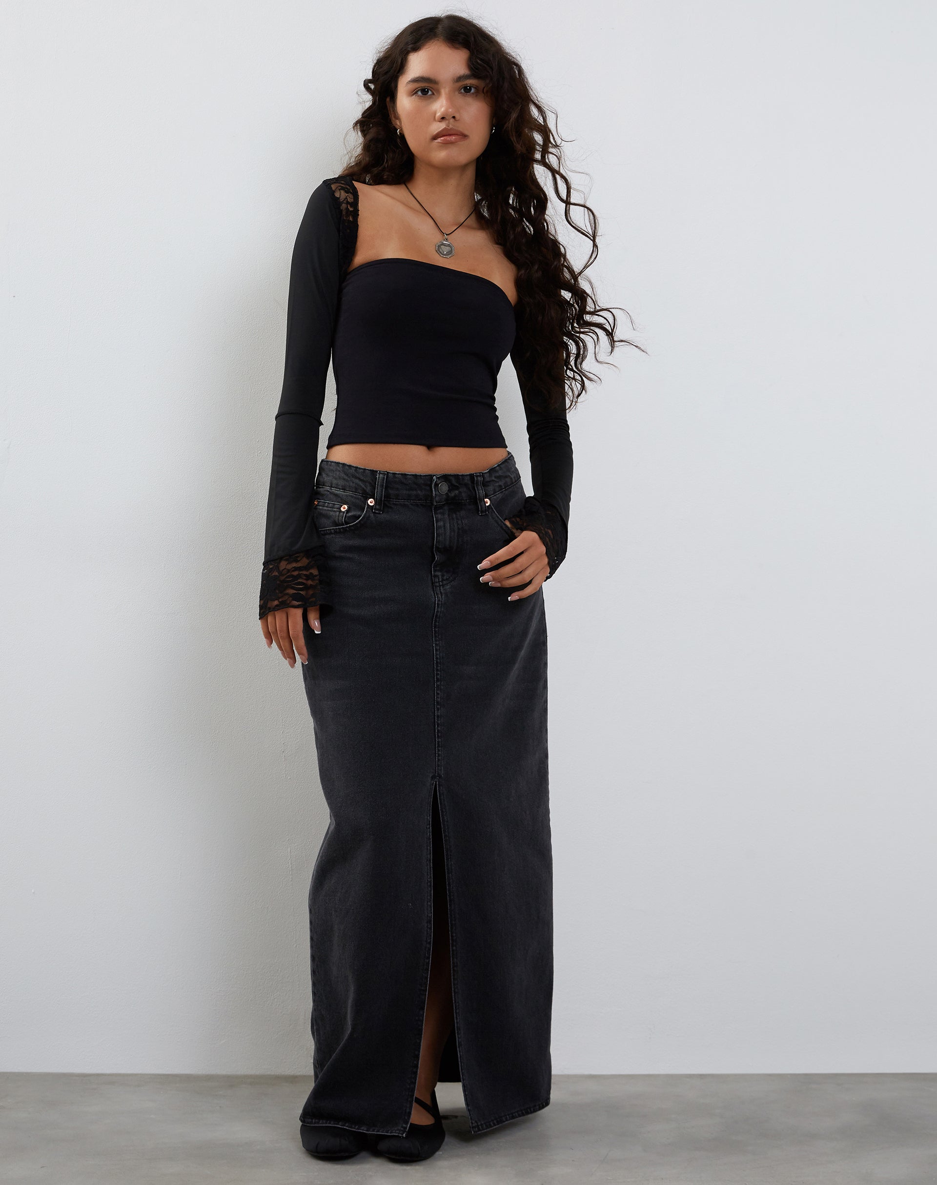 Image of Lenny Lace Shrug Top in Slinky Black with White Lace Trim