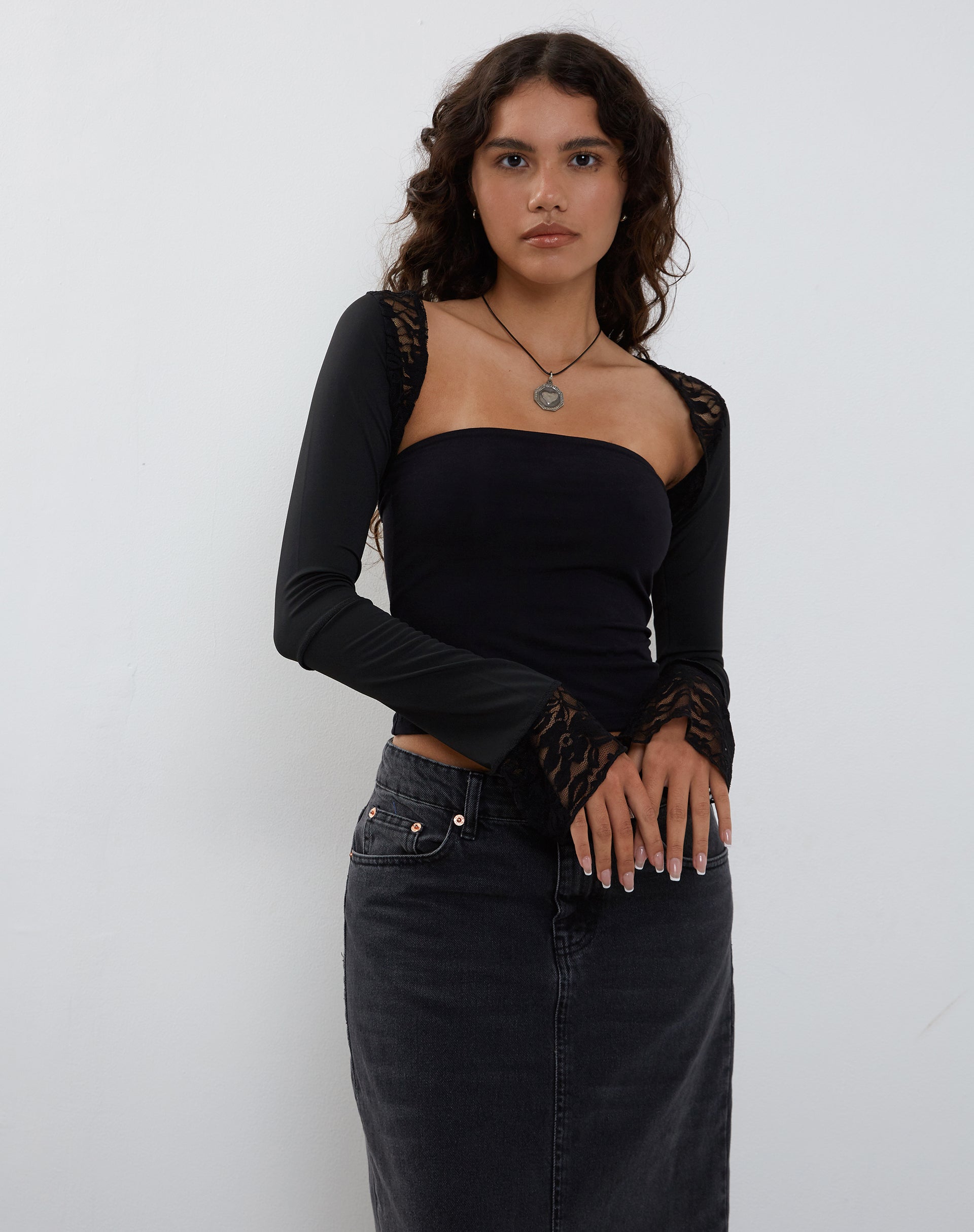 Image of Lenny Lace Shrug Top in Slinky Black with White Lace Trim