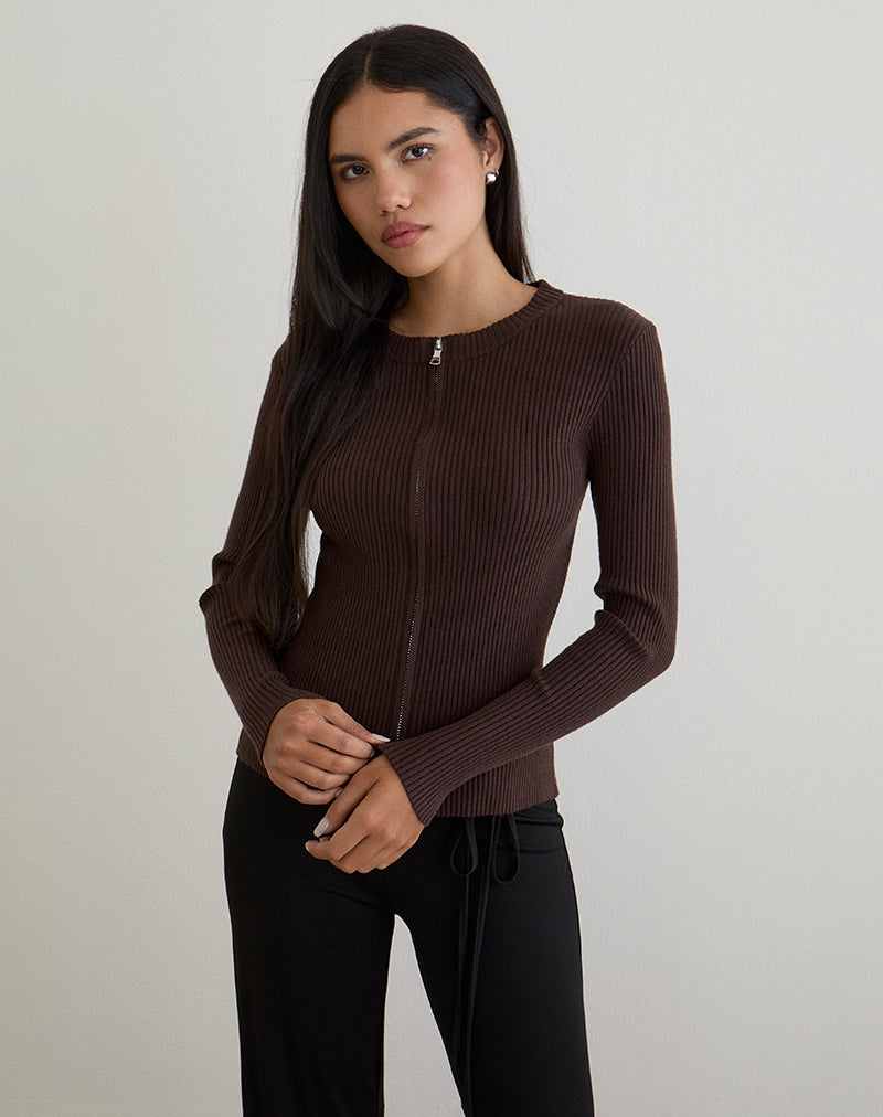 Image de Liano Cardigan zippé en tricot côtelé Marron