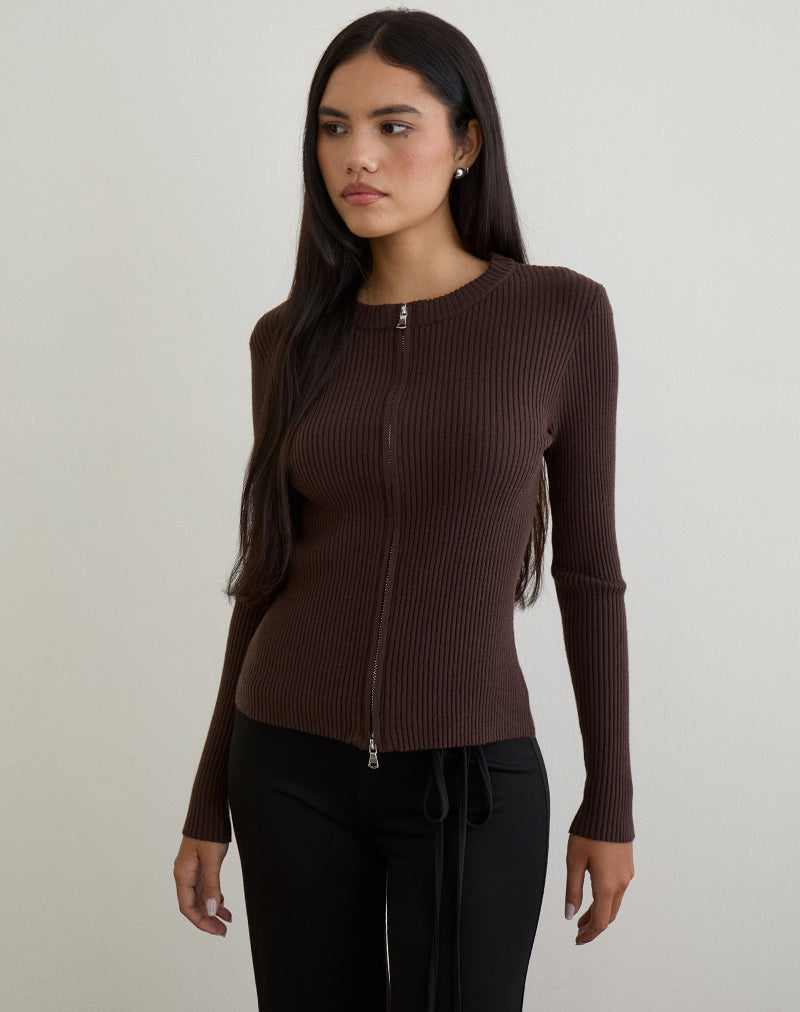 Image de Liano Cardigan zippé en tricot côtelé Marron