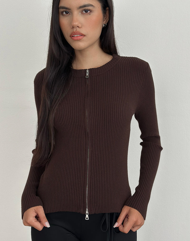 Liano Cardigan zippé en tricot côtelé marron