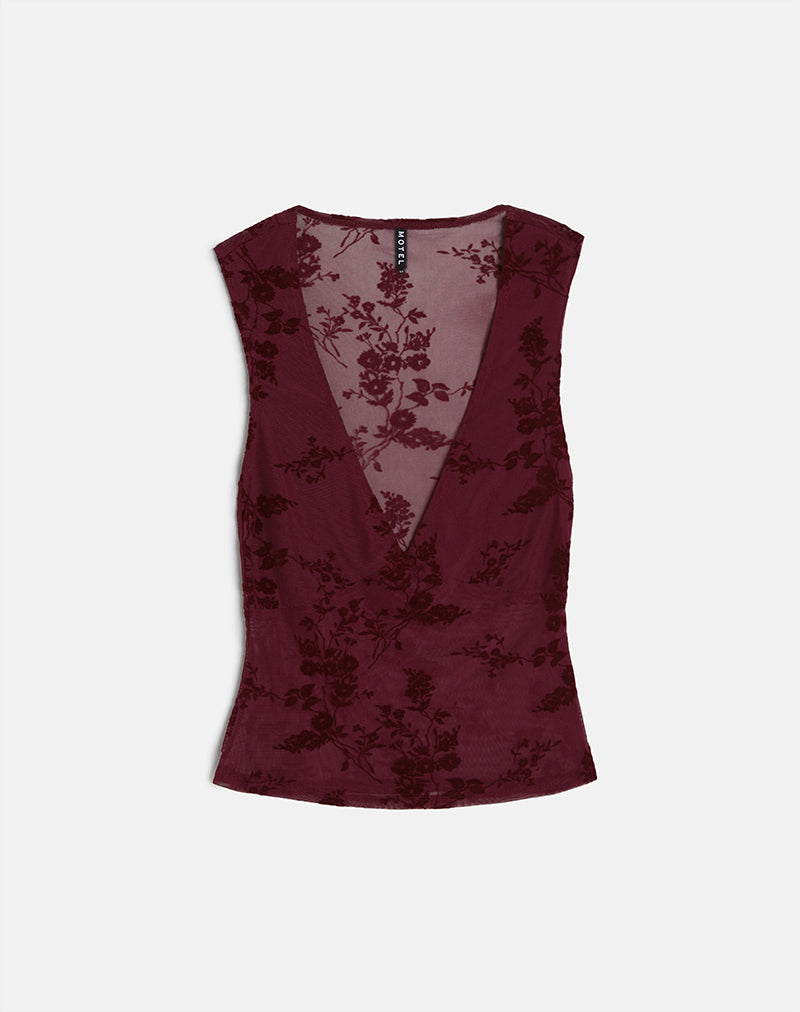 Image de Lihat Top in Botanical Flock Flower Maroon