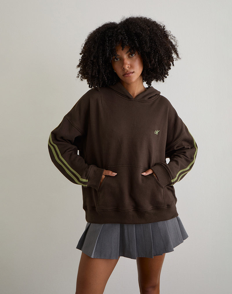 Sweat à capuche Lingwu en chocolat amer avec reliure verte et broderie M