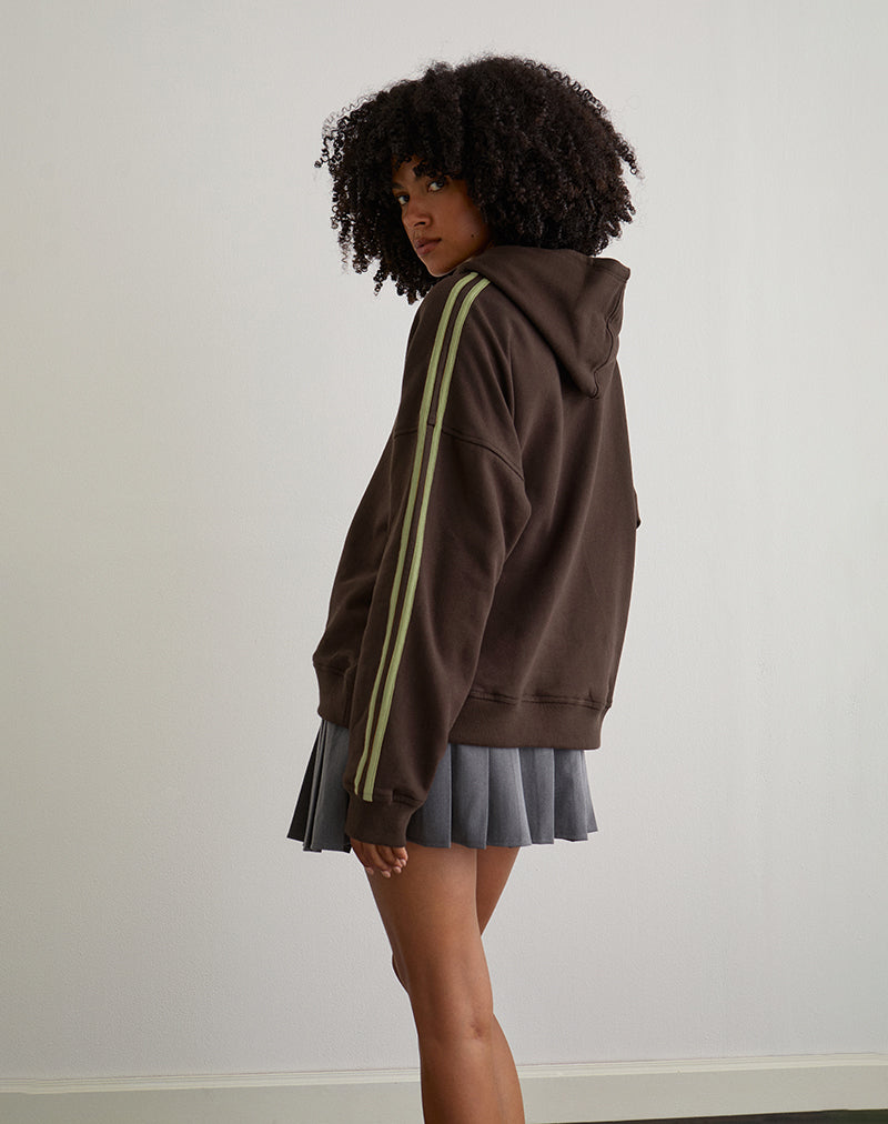 Sweat à capuche Lingwu en chocolat amer avec reliure verte et broderie M