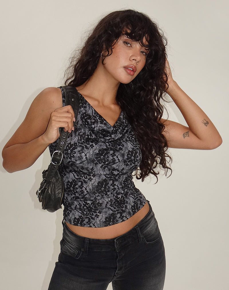Image de Lizette Cowl Neck Top in Midnight Floral Grey