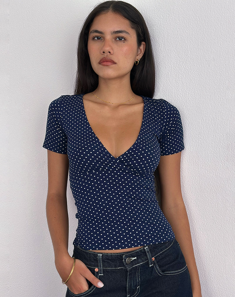 Image of Lobos Crossover Top in Jersey Micro Polka Navy