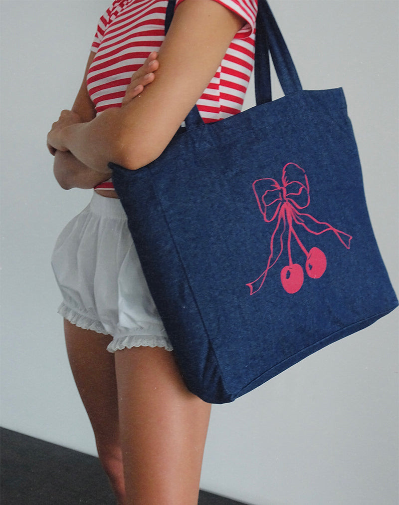 Sac fourre-tout London en denim indigo avec impression de nœud en cerise