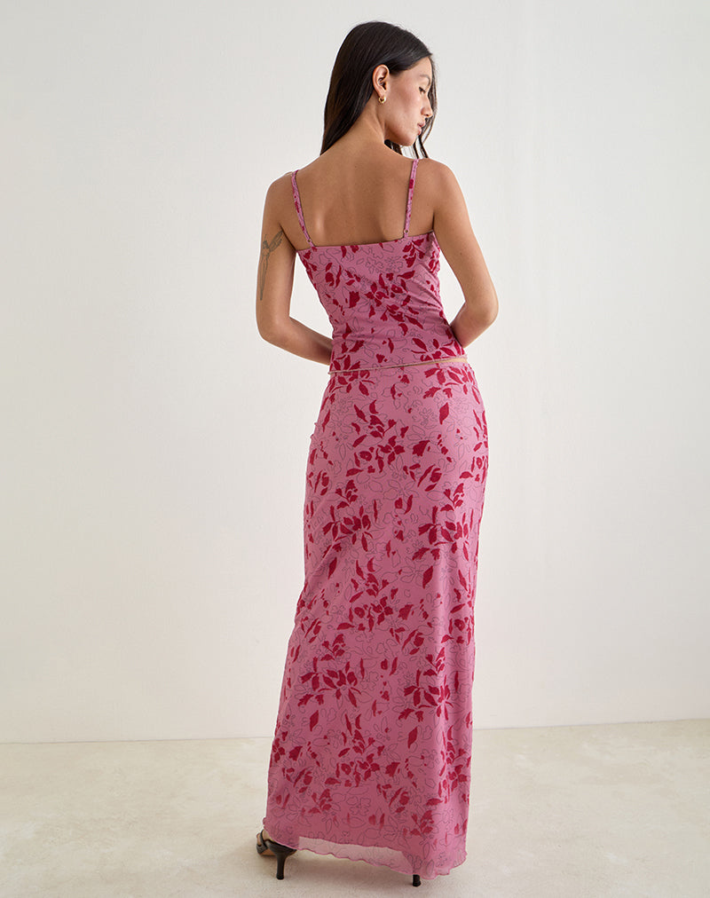 Image de la jupe longue Alfreda en pochoir fleuri rose