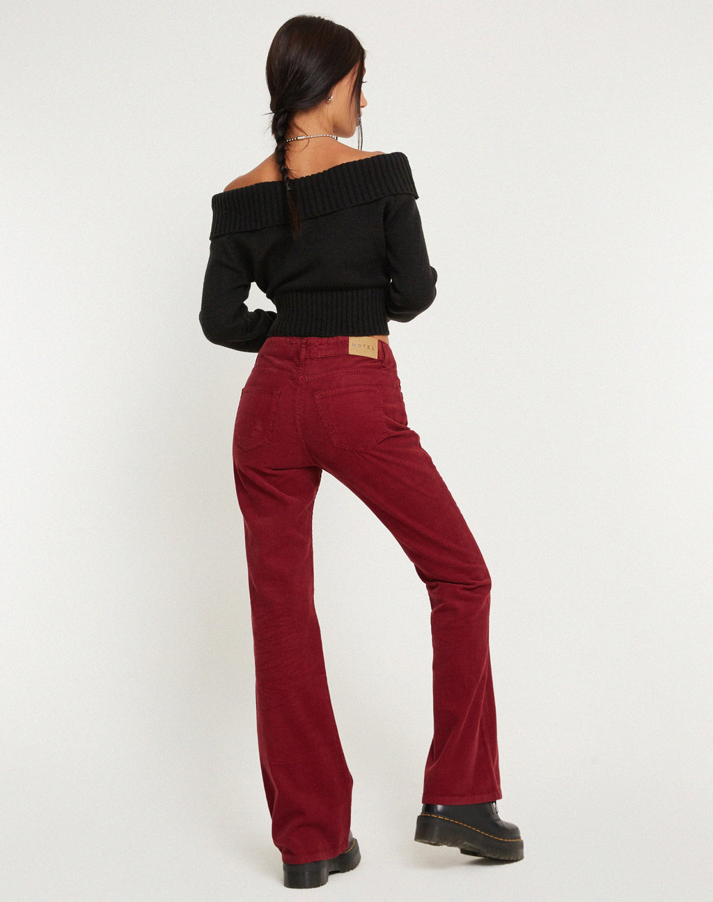 Jeans Bootleg à taille basse, Cord Maroon