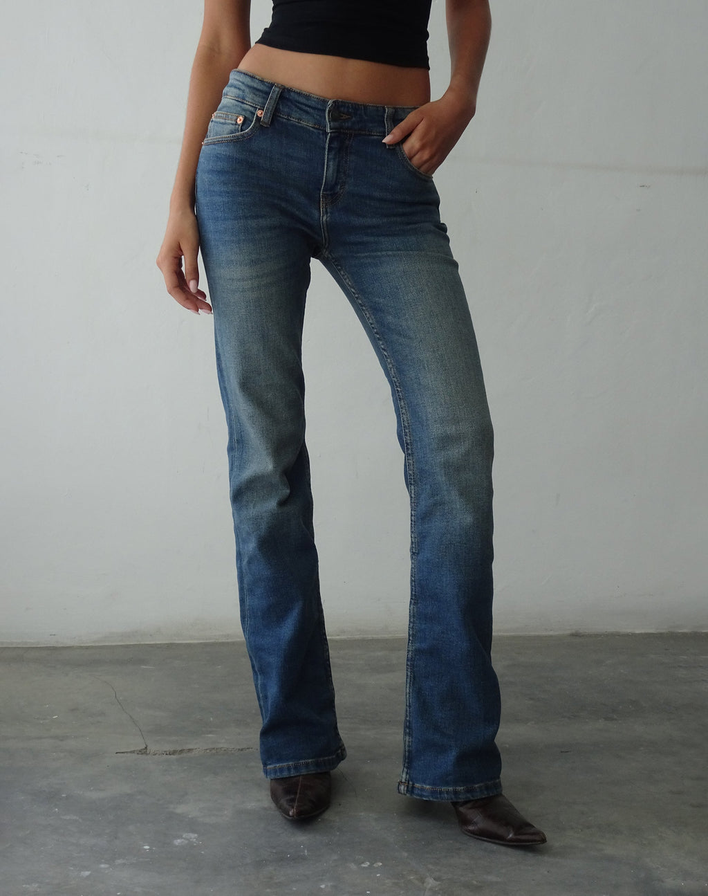Jean Bootleg à taille basse, bleu moyen vintage