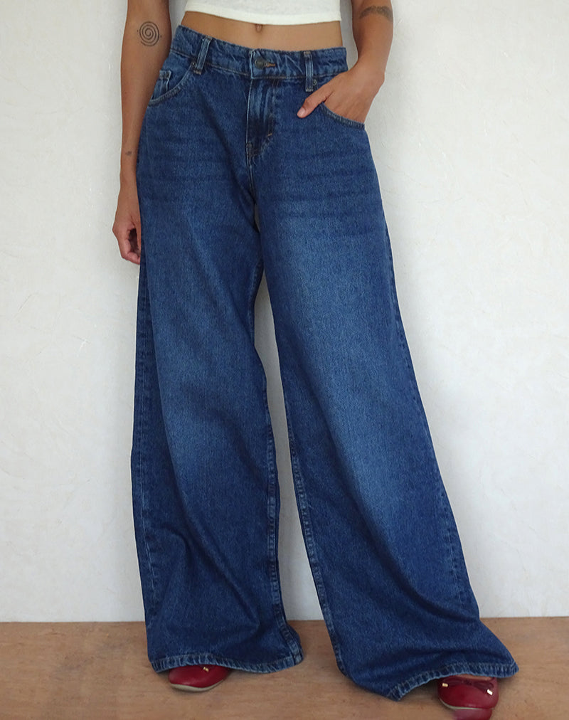 Jeans surdimensionnés à taille basse, bleu moyen Used