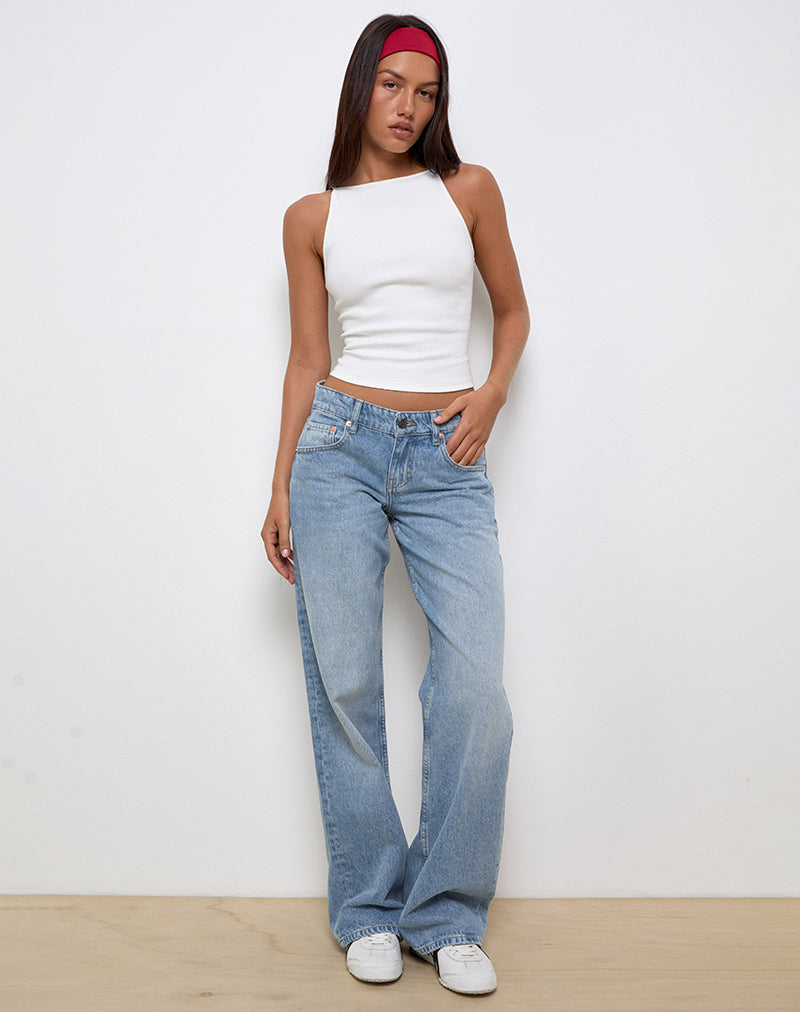 Jean parallèle à taille basse, bleu vif, usé