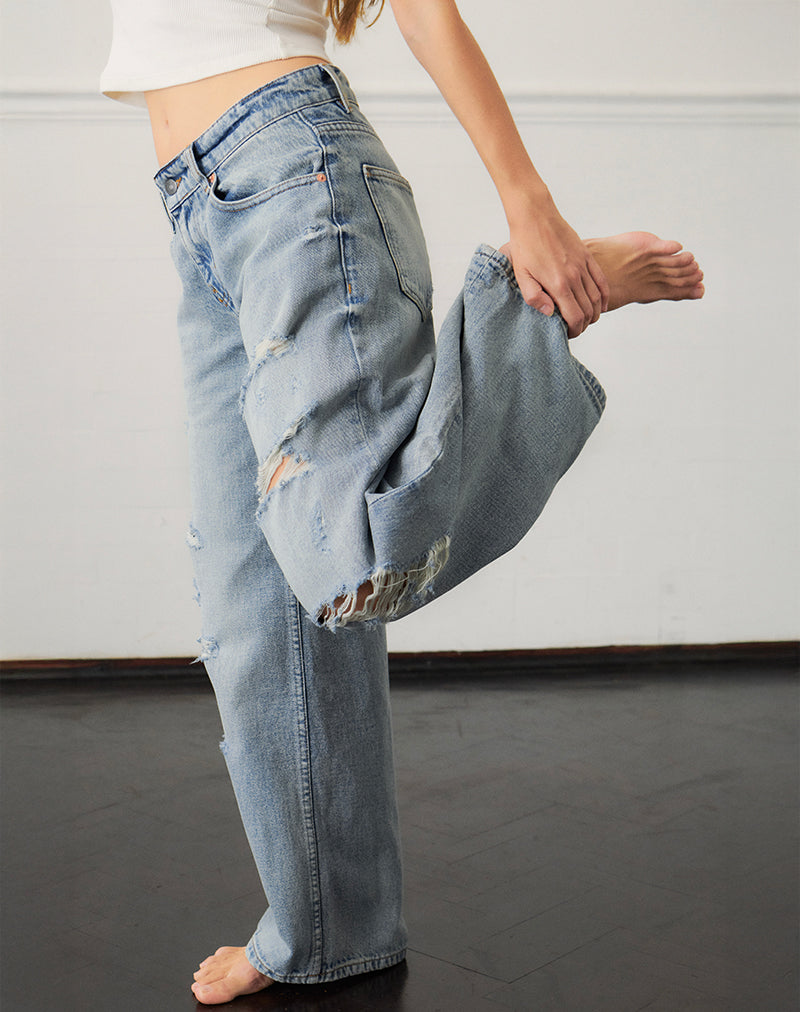 Jean ample à taille basse en Extreme Rip Vintage Blue