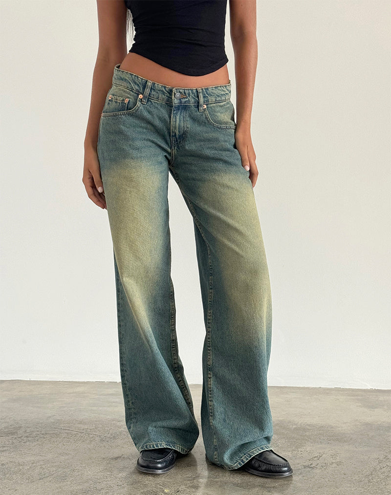 Jean à taille basse extra-large Roomy en vert moyen usé