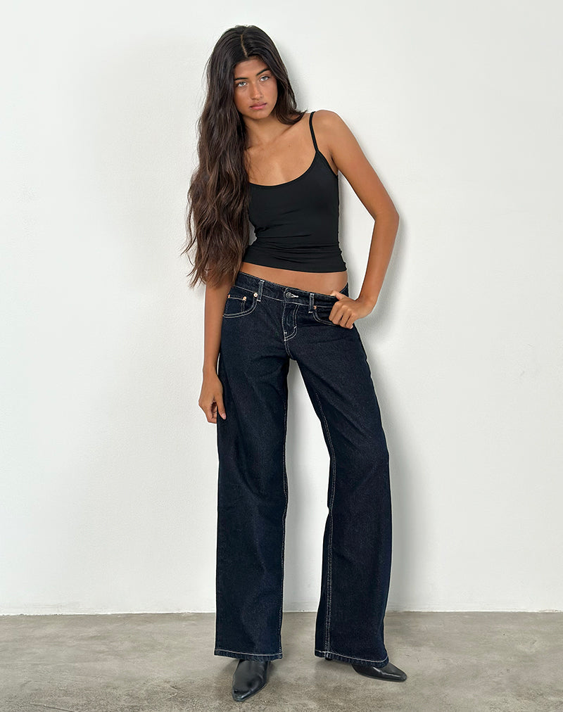 Jean parallèle à taille basse en indigo avec coutures contrastées