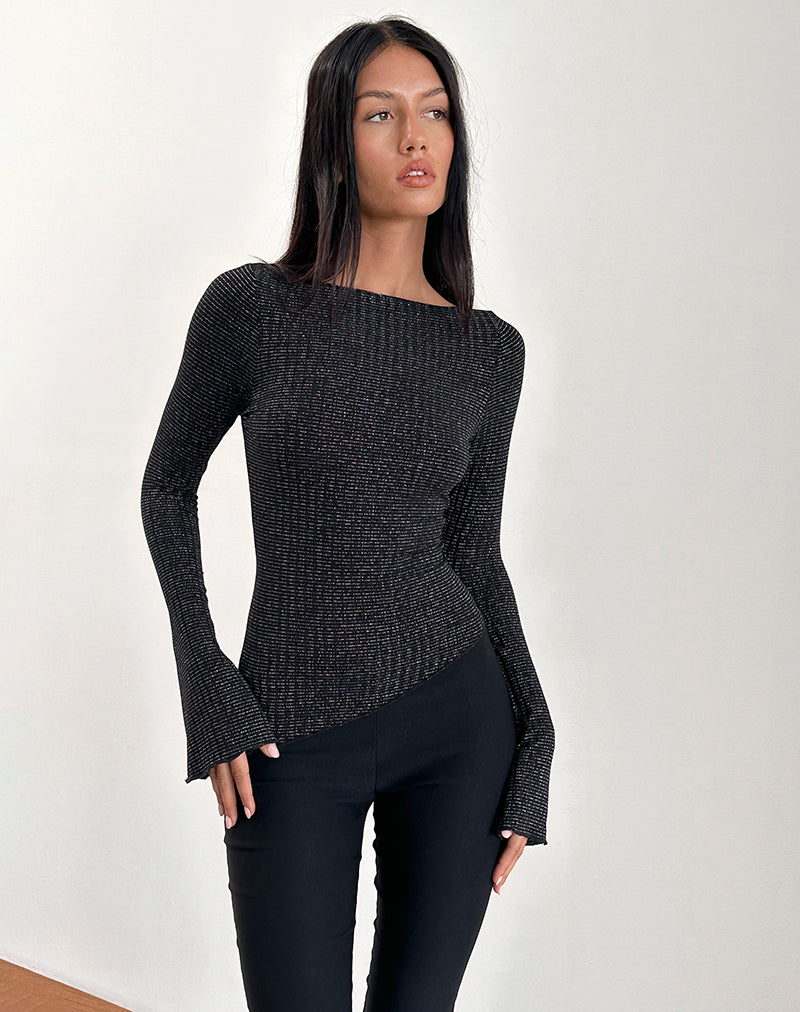 Lukia Long Sleeve Top in Metallic Stripe Jersey Black (Top à manches longues en jersey à rayures métalliques)