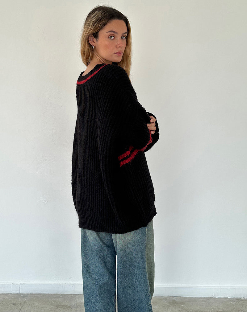 Image of Lulees Oversized Jumper in Black with Red Star and Stripes (Pull surdimensionné en noir avec étoile et rayures rouges)