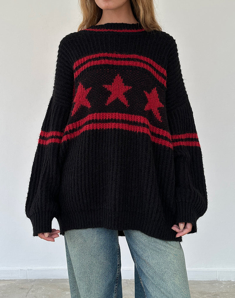 Image of Lulees Oversized Jumper in Black with Red Star and Stripes (Pull surdimensionné en noir avec étoile et rayures rouges)