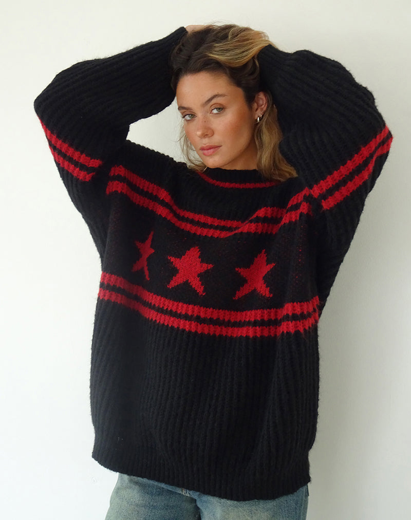 Image of Lulees Oversized Jumper in Black with Red Star and Stripes (Pull surdimensionné en noir avec étoile et rayures rouges)