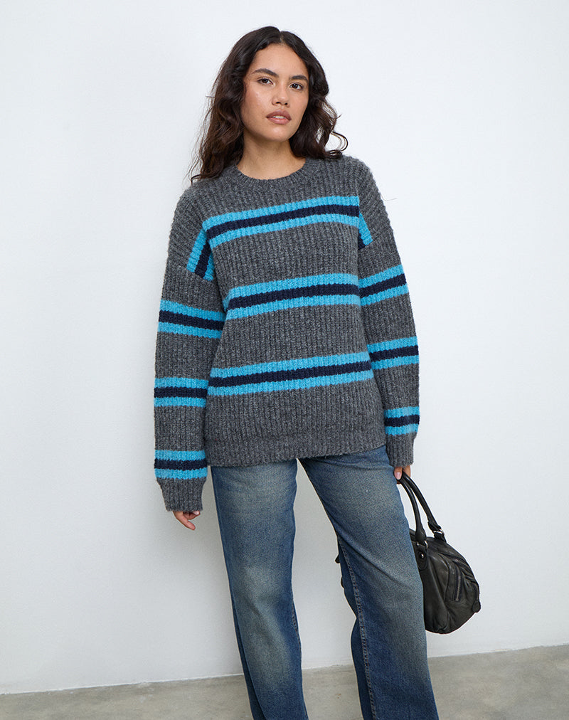 Pull Lunet en tricot à rayures gris et bleu