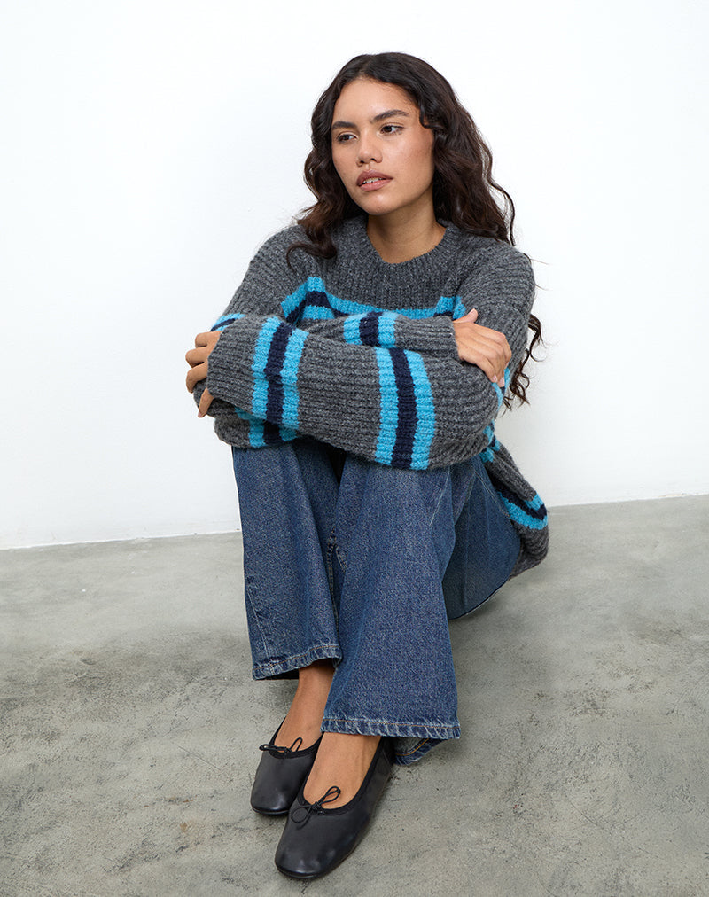 Pull Lunet en tricot à rayures gris et bleu
