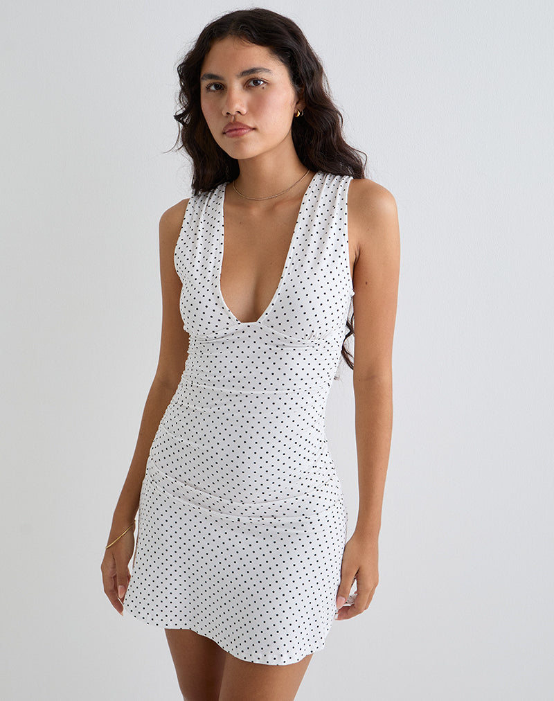 Luscian Plunge Mini Dress in White with Micro Polka Black (Mini robe plongeante en blanc avec micro-polka noir)
