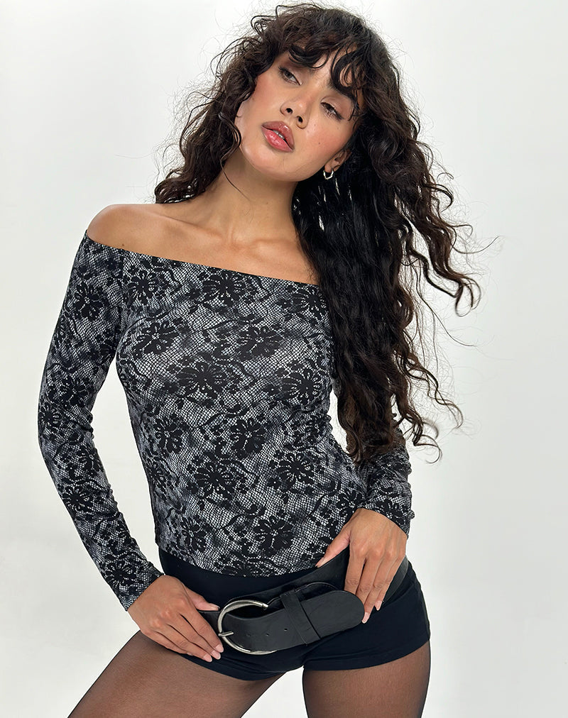 Image de Lutana Bardot Long Sleeve Top in Midnight Floral Grey